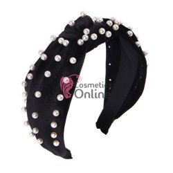 Bentita deosebita pentru par din catifea cu Perle Albe BTP028C - Neagra